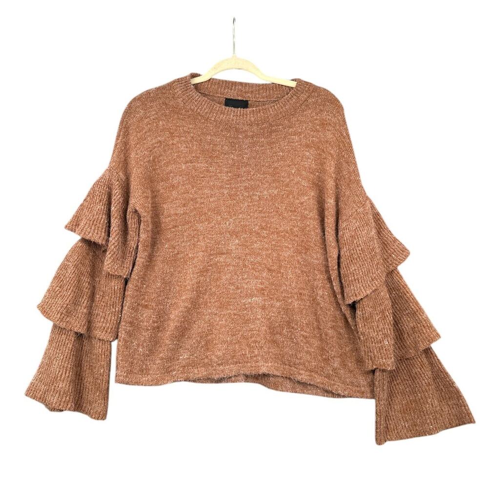Lumière Brown Tiered‎ Ruffle Sleeves Crew Neck Pullover Sweater Womens Small